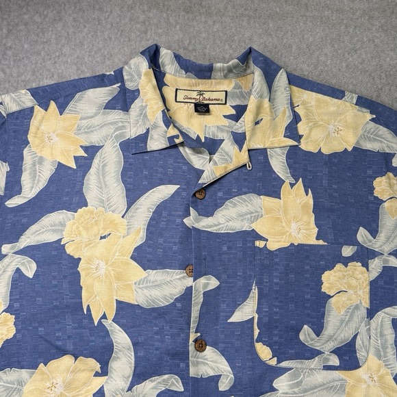 Tommy Bahama 100% Silk Hawaiian Shirt M Blue Yellow Floral Camp Button Front - Picture 3 of 10